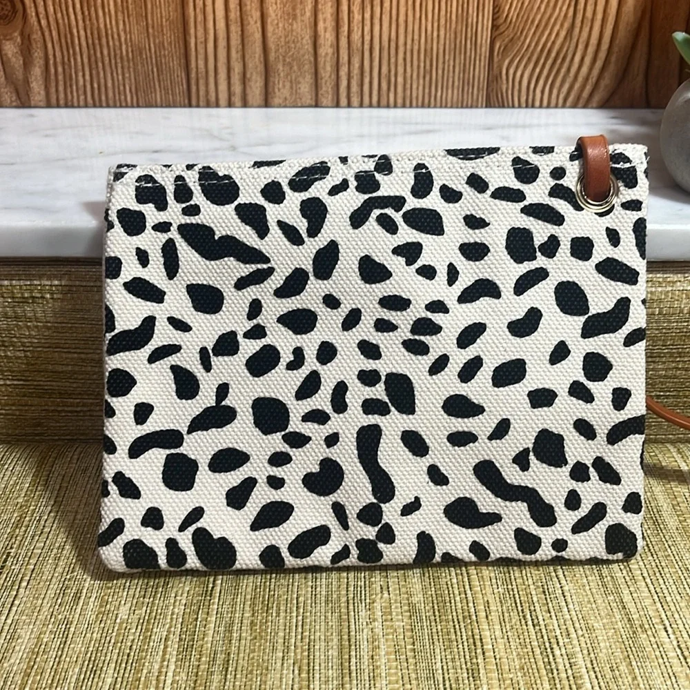 Anthropologie Leopard Print Clutch with Tan Leather Straps Canvas 8”x6”